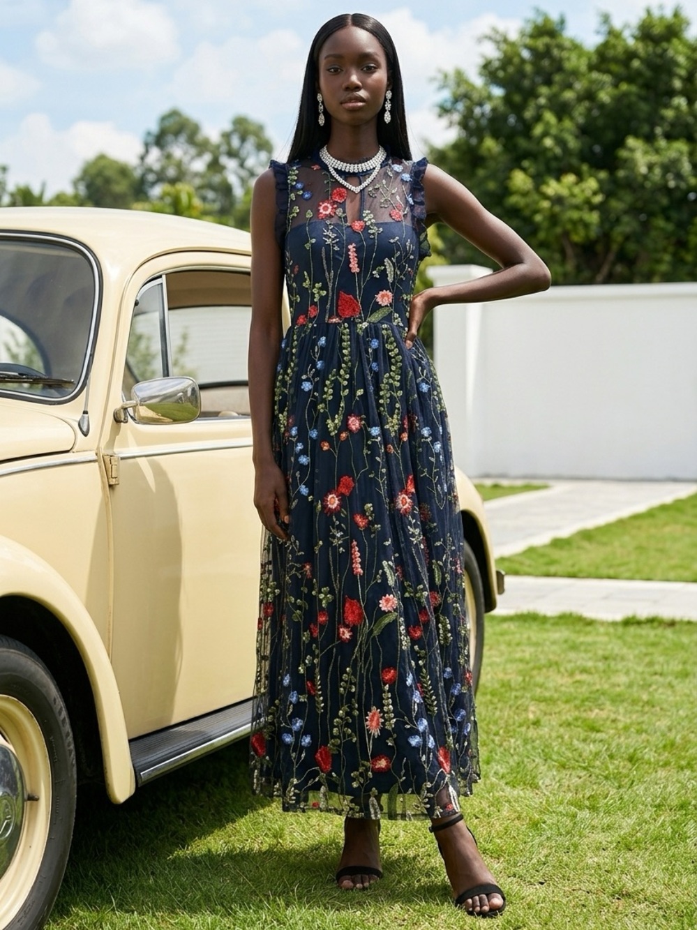City Studio - Embroidered Floral Maxi Dress in Navy Party Homecoming Wedding Fun